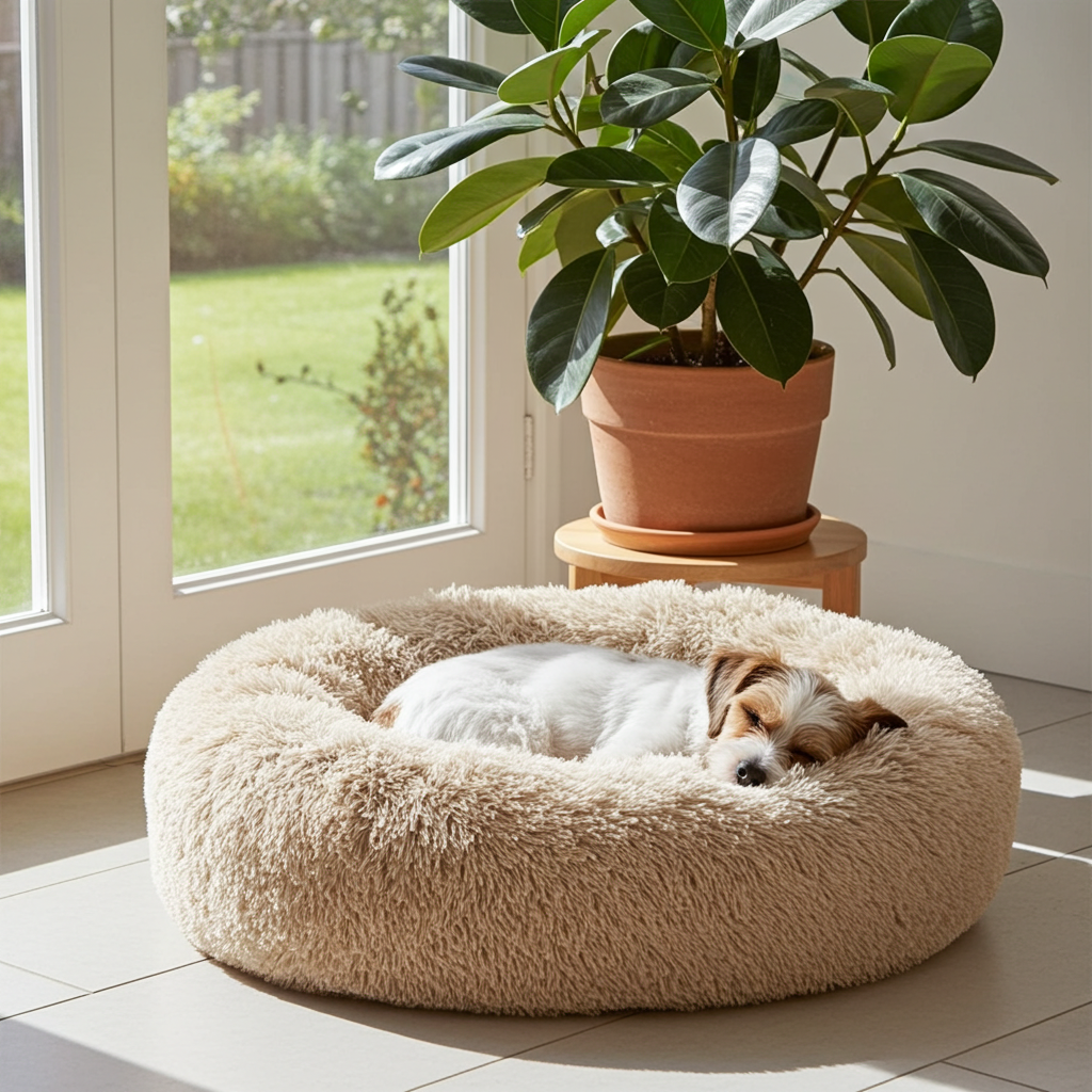 Tiny Pup Den Ultra-Soft Calming Donut Dog Bed - Plush Round Anti-Anxiety Pet Bed for Small to Large Dogs & Cats, Washable Fluffy Cushion
