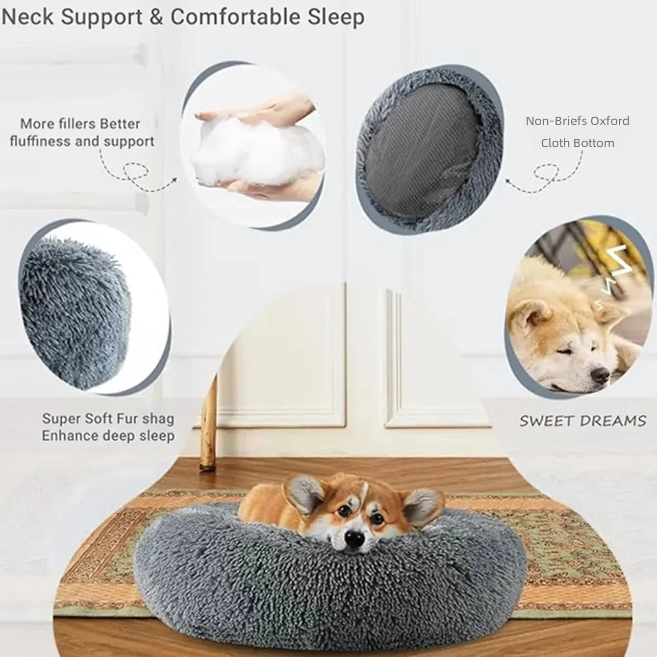 Tiny Pup Den Ultra-Soft Calming Donut Dog Bed - Plush Round Anti-Anxiety Pet Bed for Small to Large Dogs & Cats, Washable Fluffy Cushion
