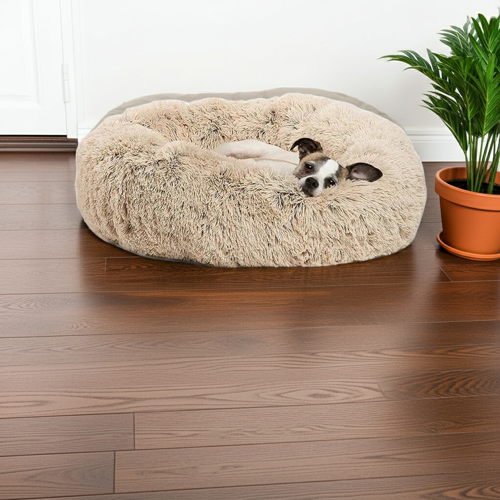 Tiny Pup Den Ultra-Soft Calming Donut Dog Bed - Plush Round Anti-Anxiety Pet Bed for Small to Large Dogs & Cats, Washable Fluffy Cushion